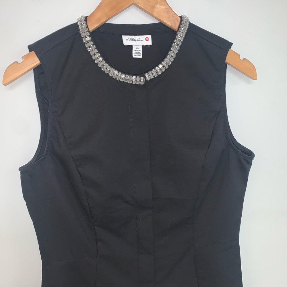 Phillip Lim Front Zip Peplum Beaded Collar Rhinestone Blouse Black Size S